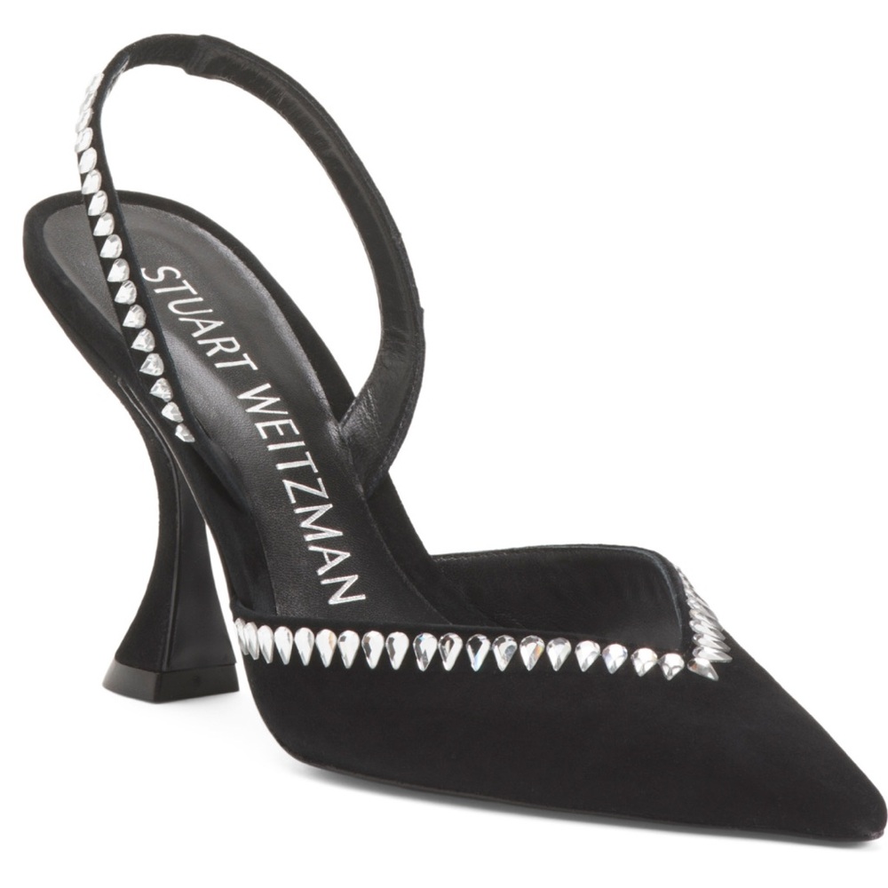 Stuart Weitzman 100 Slingback Pump Black Suede Crystal Embellished Made in Spain